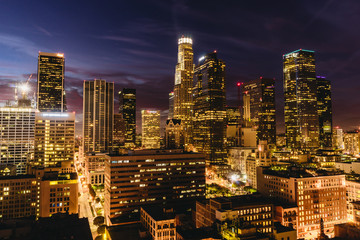 Downtown Los Angeles skyline at night.
