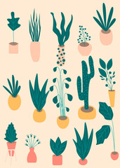 Fototapeta na wymiar Various kind of indoor houseplants growing in pots, home decorations flora decor. Flat design style vector illustration set. Growth of plants isolated on white, made in pastel colors