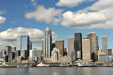 Seattle panorama on a summer sunny day. Down town of Washington state capital.