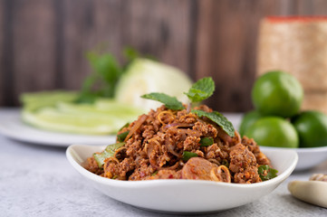 Spicy minced pork in a white plate.