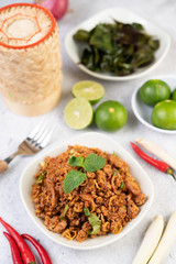Spicy minced pork in a white plate.