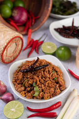 Spicy minced pork in a white plate.