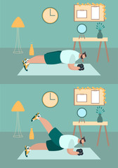 Fit man make exercise at home in sportswear. Active and healthy lifestyle concept. Sports competition indoor workout athletic. Flat vector illustration in room with furniture. Trendy simple interior