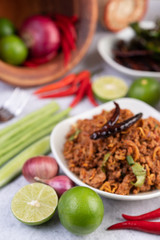 Spicy minced pork in a white plate.