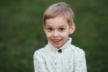 Portrait of a little boy 5 years old. Photo taken outdoors in the forest. Happy baby smiling