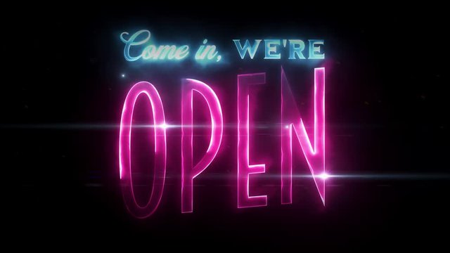 Neon Scifi Come In We're Open Sign Animation/ 4k animation of a neon hi-tech and eighties retro design we are open sign clip with optical flares effects