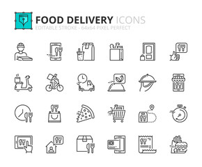 Simple set of outline icons about food delivery