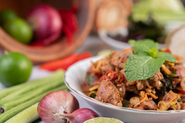 Spicy minced pork in a white plate.