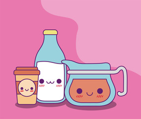 Kawaii tea kettle milk bottle and coffee mug vector design