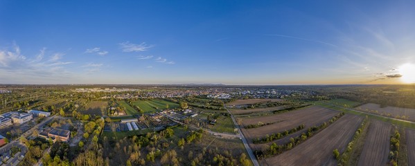 Aerial view over the city of Walldorf close to Frankfurt in Germany at evening time