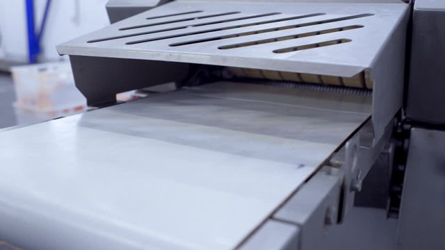 employees of the meat processing plant shove unprocessed pieces of meat into a Skinner or skinning machine.