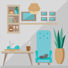 Cozy home interior of living room. Vector illustration in flat style. Template for design of interior design in trendy colors.