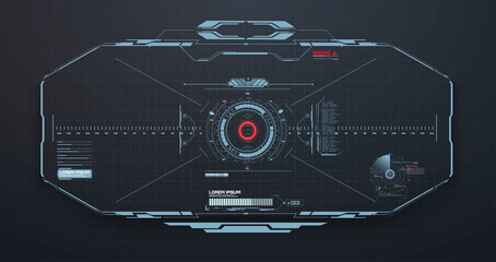 HUD, GUI Modern Aiming System with Device tilt level. Futuristic VR Head-up display design. Spaceship, drone, helmet, crosshair, aim. Techno target screen element. VR design for video games. Vector © ZinetroN