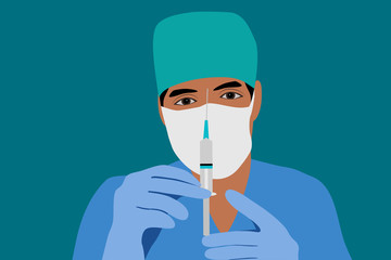 Doctor with mask and gloves looking at a syringe from his hand. Flat design illustration portrait.