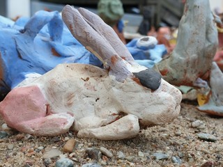 Clay rabbit sculpture in the park