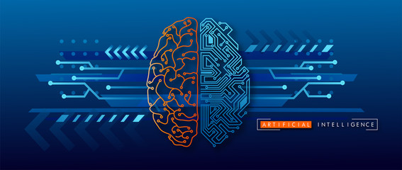 Wired brain illustration - next step to artificial intelligence and circuit board human brain. 
Concept illustration Electronic chip in form of human brain in electronic cyberspace.