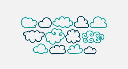 Set of hand drawn cloud icons, line style design, vector doodles illustration