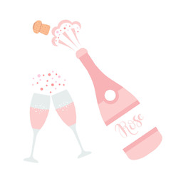 Champagne bottle explosion. Hand drawn vector illustration isolated on white.