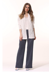 business woman executive posing in summer casual print white pant suit full body length isolated on white back view