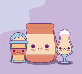 Kawaii coffee bag mug and cup vector design