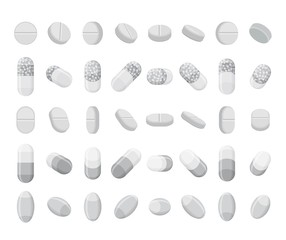 Set of realistic pills, tablets and capsules. 3D isometric flat drugs. Vector mockups isolated on white background.