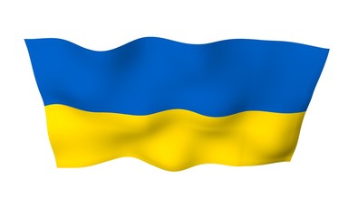 The flag of Ukraine on a white background. National flag and state ensign. Blue and yellow bicolour. 3D illustration waving flag