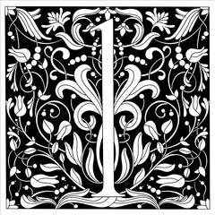 Vintage retro illustration in an engraving style of the number one, flowers, branches and leaves. Art Nouveau and art Deco style. Symmetrical image with a black and white outline contour