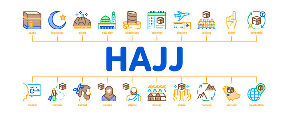 Hajj Islamic Religion Minimal Infographic Web Banner Vector. Hajj Kaaba Building And Mosque, Airplane Ticket And Touristic Direction Illustrations