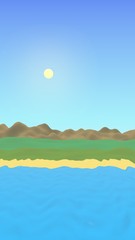 Sun Sea Beach. Noon. Ocean shore line with waves on a beach. Island beach paradise with waves. Vacation, summer, relaxation. Seascape, seashore. Minimalist landscape, primitivism. 3D illustration