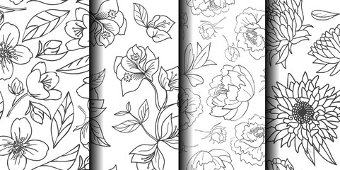 Simple hand drawn flower collection. 4 flower seamless patterns.