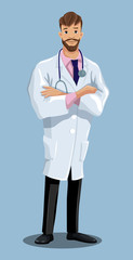 Cartoon character of doctor with arms crossed. Medical worker is standing. Vector illustration isolated on the background of the front view healthcare employee