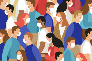 Vector flat illustration of many people in crowd wearing face masks - virus outbreak, pandemic, safety measures