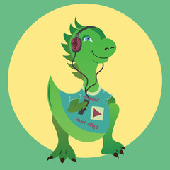 The vector illustration depicts a dinosaur that listens to music. He has headphones and a player. He is wearing a T-shirt that says non-stop music.