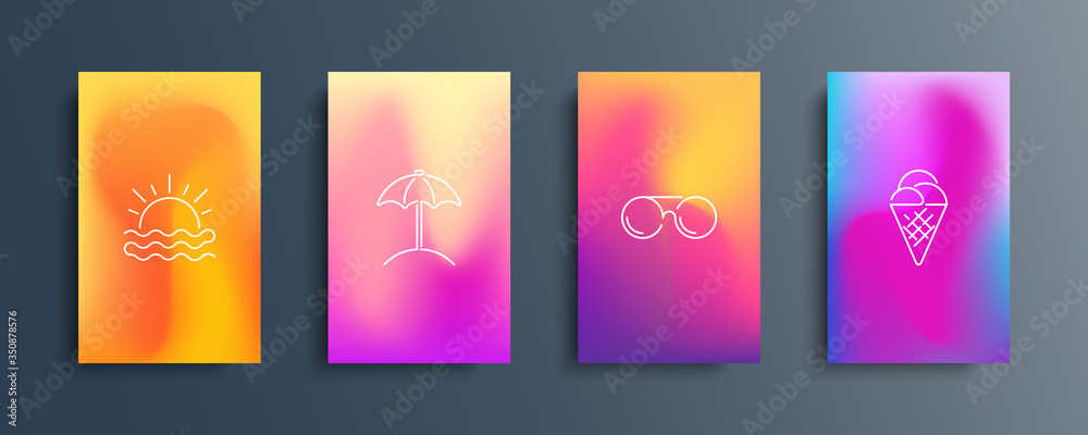 Fototapete blurred backgrounds set with modern abstract blurred color gradient patterns and summer line icons. 