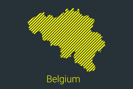Map of Belgium, striped map in a black strip on a yellow background for coronavirus infographics and quarantine area markers and restrictions. vector