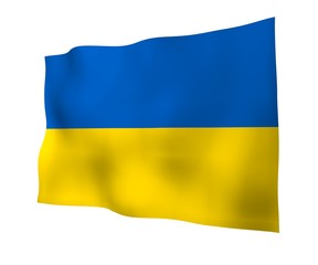 The flag of Ukraine on a white background. National flag and state ensign. Blue and yellow bicolour. 3D illustration waving flag