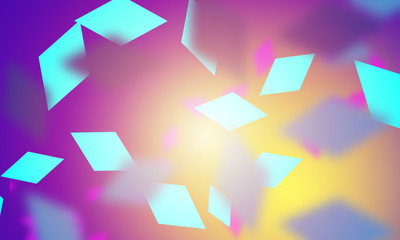 Blue rhombuses are randomly scattered on a lilac-yellow background. Bright geometric background. Cheerful background with simulated sunlight.