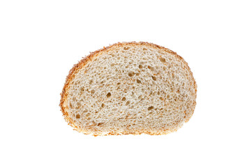 Piece of barn bread isolated on white background. Baked product, pastry, healthy food concept.