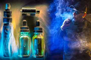 Vaper in dark clothing and accessories for electronic cigarettes. A man blows smoke from an e-cigarette. VAPE shop. Smoker and Smoking gadgets close-up. Liquid to vape.