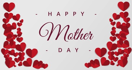 card or banner for "happy mothers day" in burgundy with two garlands of red hearts on each side on a white background