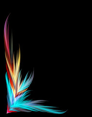 Fluffy, soft, multi-colored feathers of a bird on a black background. Abstract fractal background with feathers. 3D illustration. Image for congratulations, postcards, decorations. 3D rendering