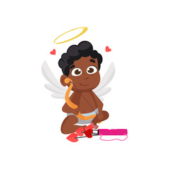 Sitting afro cupid illustration. Kid, angel, quiver, arrows. Saint Valentines Day concept. illustration can be used for topics like romantic, love, celebration, greeting card