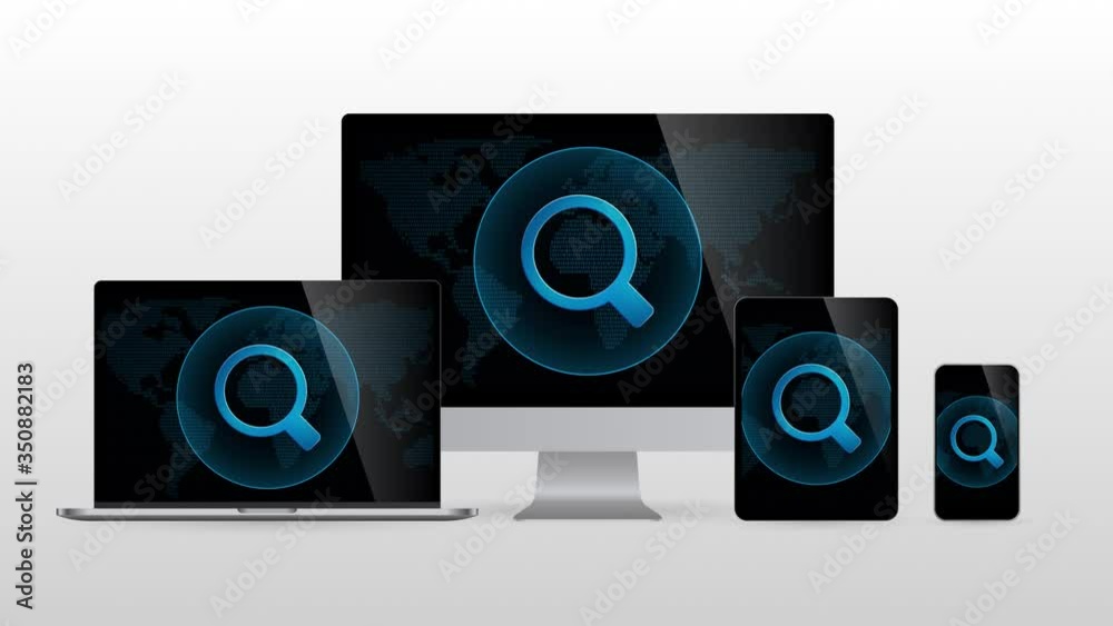 Poster digital world devices with search tool. realistic set of computer monitors with magnifier icon in sc