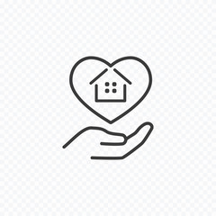 Fototapeta na wymiar Stay home icon isolated on transparent background. Vector hand holding house with heart symbol. Care and safe or quarantine sign