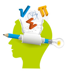 
Mathematics, Smart solutions. 
Stylized Male Head silhouette with mathematics symbols and pencil with bulb. Vector available.
