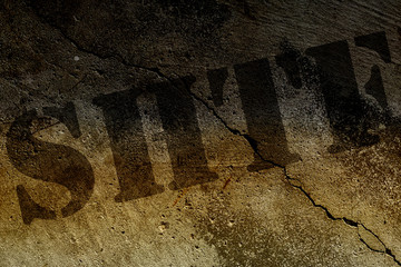 SHTF text in stencil letters on grunge or cracked concrete background. Digital illustration. Video title screen, podcast or web background, information poster or infographic.