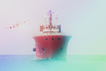 Front view Tugboat in the sea with air plane on african rainbow tone.