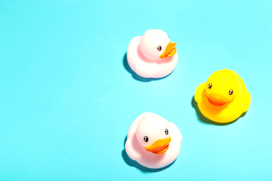 Colorful Rubber Bath Ducks With Copy Space On Blue Background