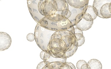 Bitcoin economic financial bubble. crypto currency 3D illustration. Business concept. Gold bubbles on white background. Bit, Coin, mining concept
