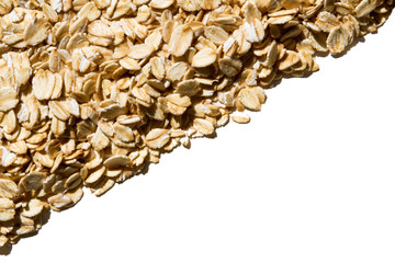 Close up. Dry, raw  oatmeal flakes ( oat flakes, rolled oats )  frame on white background